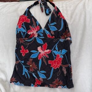 Elegant Floral Halter Bikini Top - Black and Red